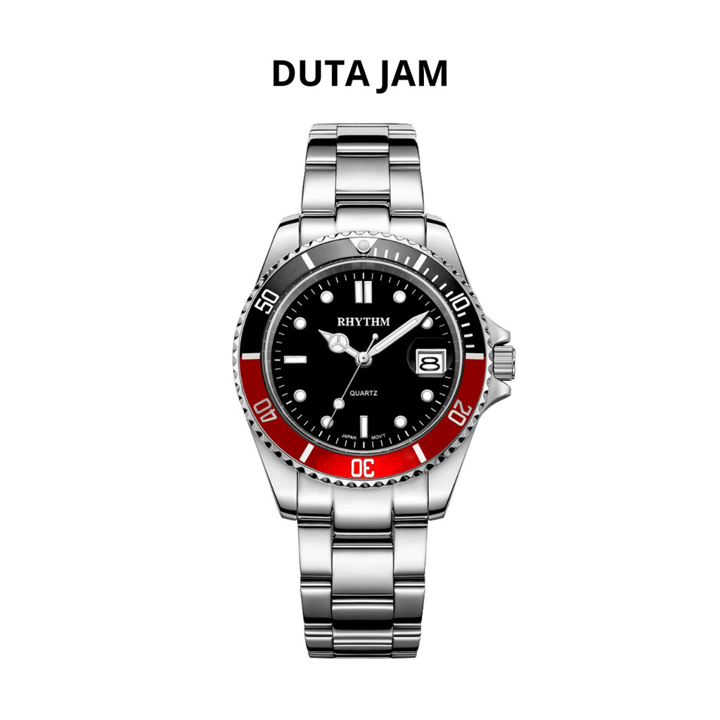 JAM TANGAN PRIA RHYTHM RQ1601 S05 RQ1601S05 ANALOG SILVER BLACK RED STAINLESS STRAP