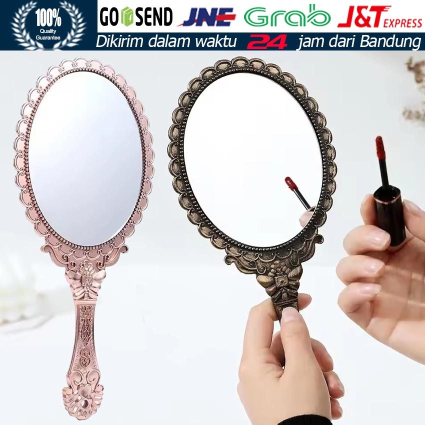 Cermin Makeup Genggam Vintage / Cermin Gagang Pegangan Tangan Motif Ukiran Antik / Beauty Mirror Por