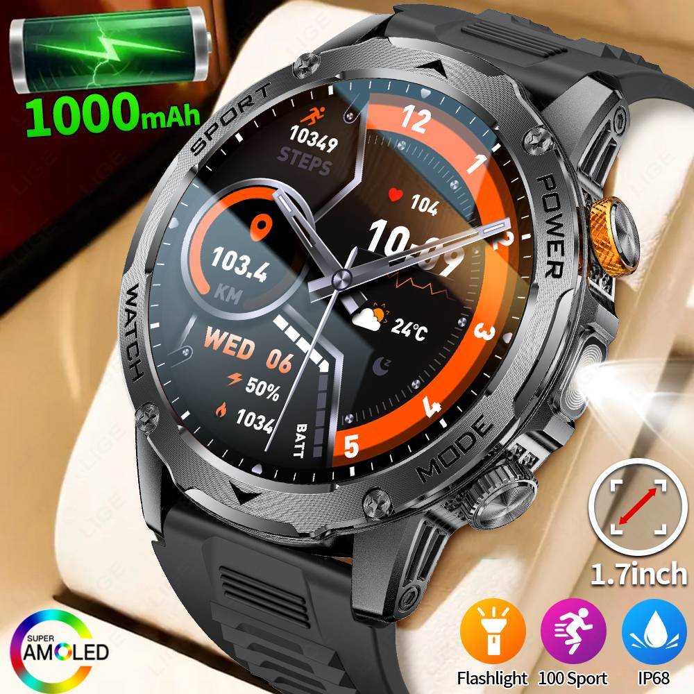 LIGE New Smart Watch Men 1000mAh Large Capacity Battery Outdoor Flashlight Bluetooth Call Waterproof