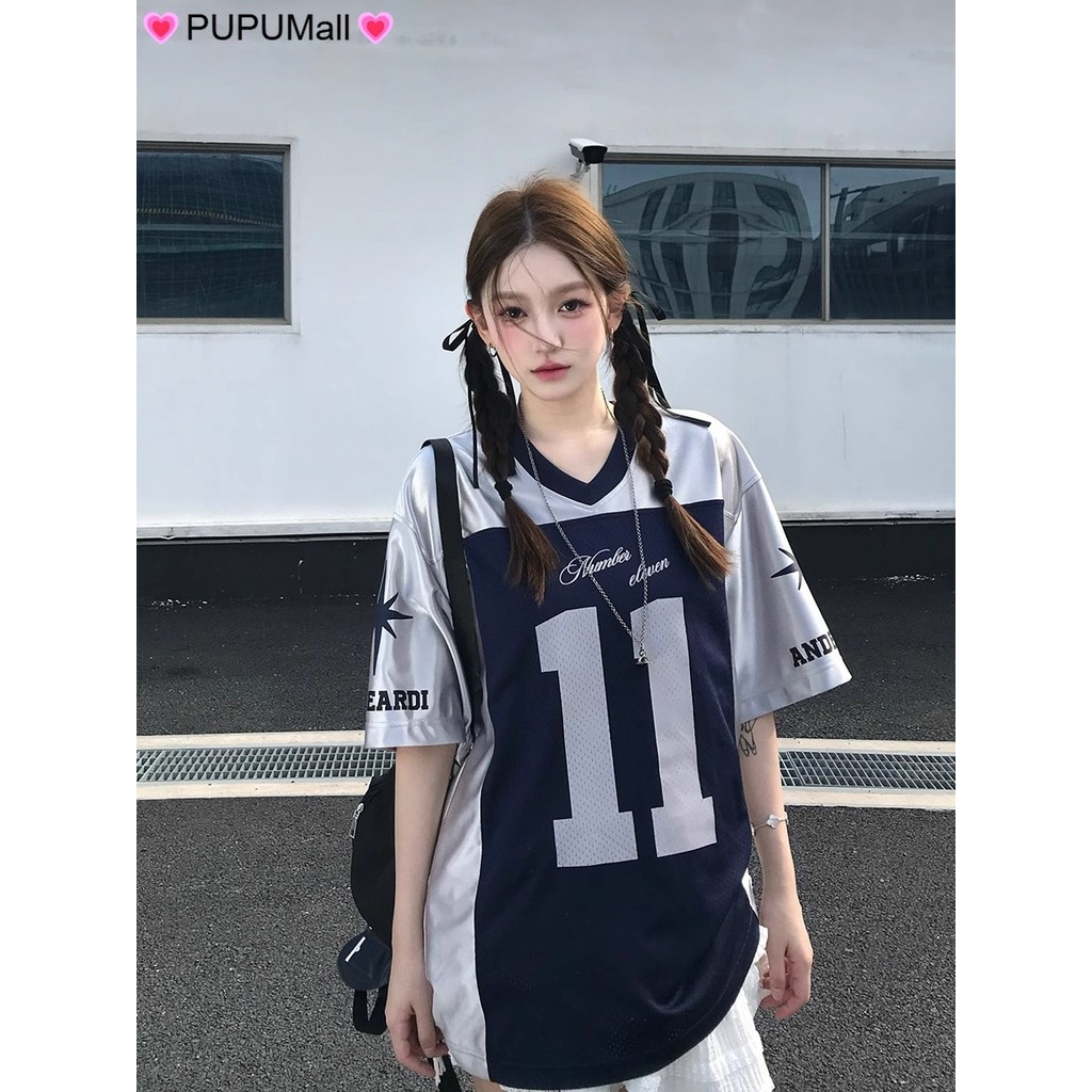 Ready || [PUPUMall] Kaus Basket Retro Amerika V-neck Lengan Pendek Longgar Trendi T-shirt Atasan Ola