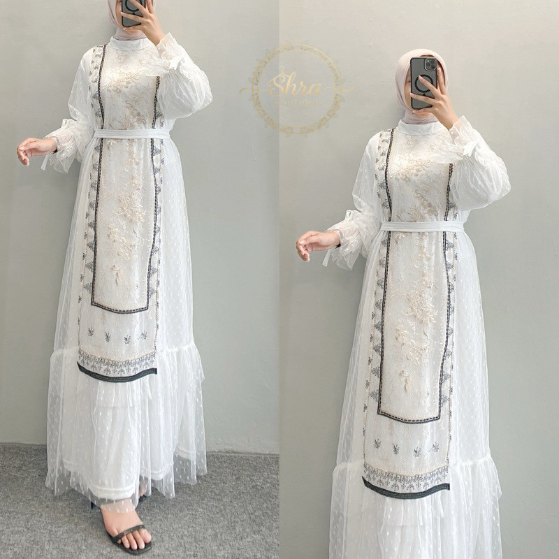 TERBARU SHRA_BOUTIQUE - DRESS BROKAT / GAMIS KONDANGAN BAHAN BRUKAT TILE BUNGA BORDIR GAMIS PUTIH