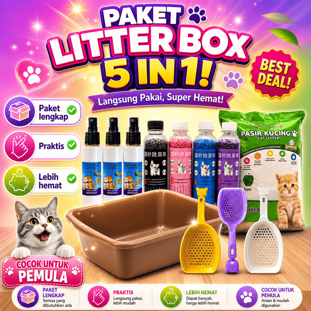 NOKI PAKET CAT LITTER BOX KUCING | BAK PASIR KUCING + SEKOP + PASIR KUCING GUMPAL WANGI 1 KG | TEMPA