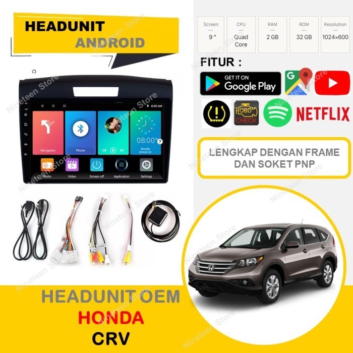 Headunit Android Honda CRV Gen 4 9 Inch PNP Lengkap frame n Canbus