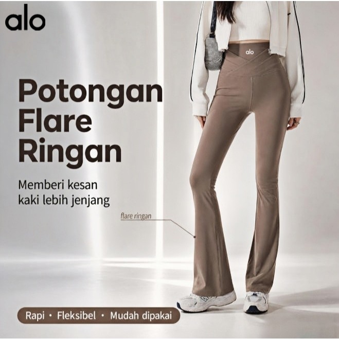 ALO Celana Yoga Wanita High Waist Flare Legging Stretch Panjang Sport Fashion 2026