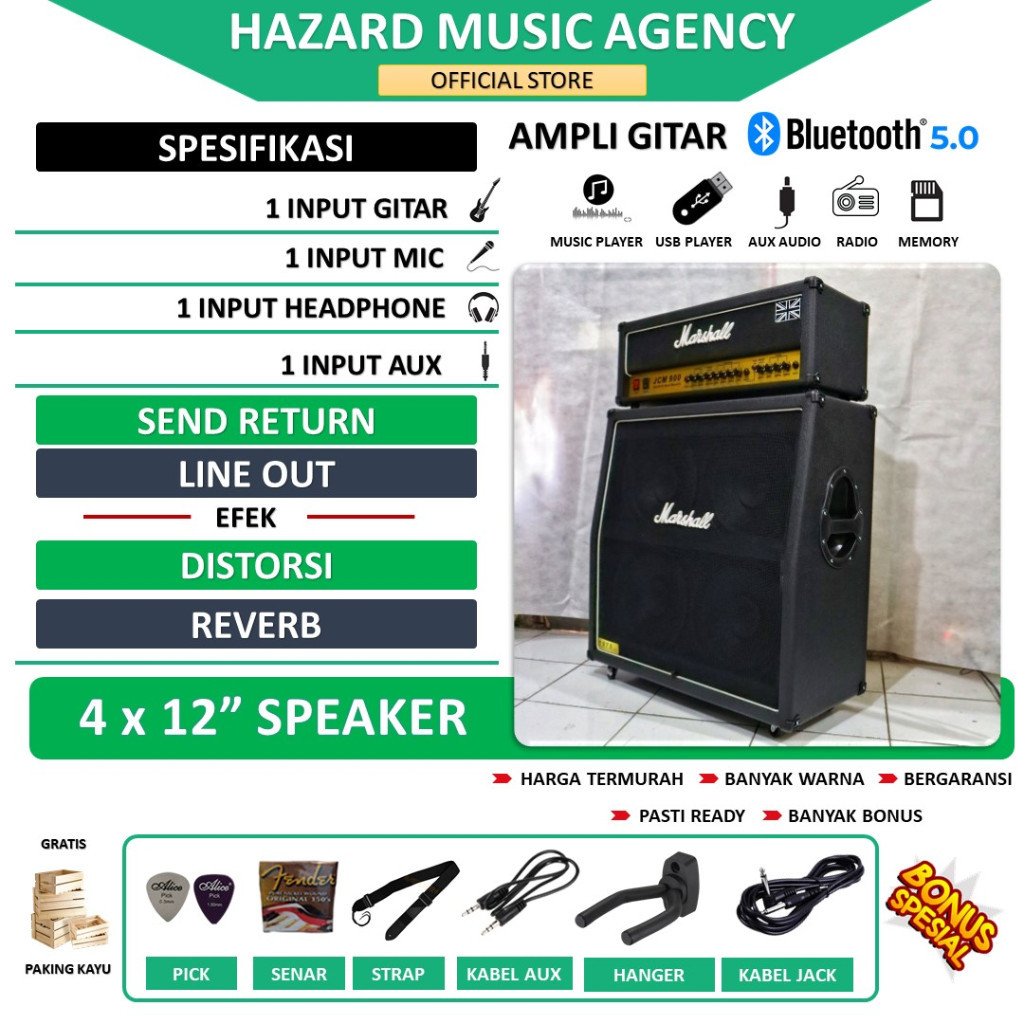 Ampli Gitar & Bass 4x12 Inch Bluetooth Bisa Untuk Karaoke 3 Input Marshall, Laney, Oranye Input Gita