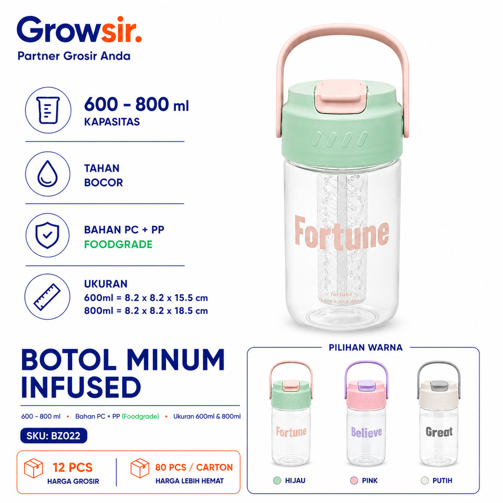 GROWSIR Botol Minum Infuser Buah 600 800ml - Botol Air Minum Aesthetic Korea Anti Bocor BZ022