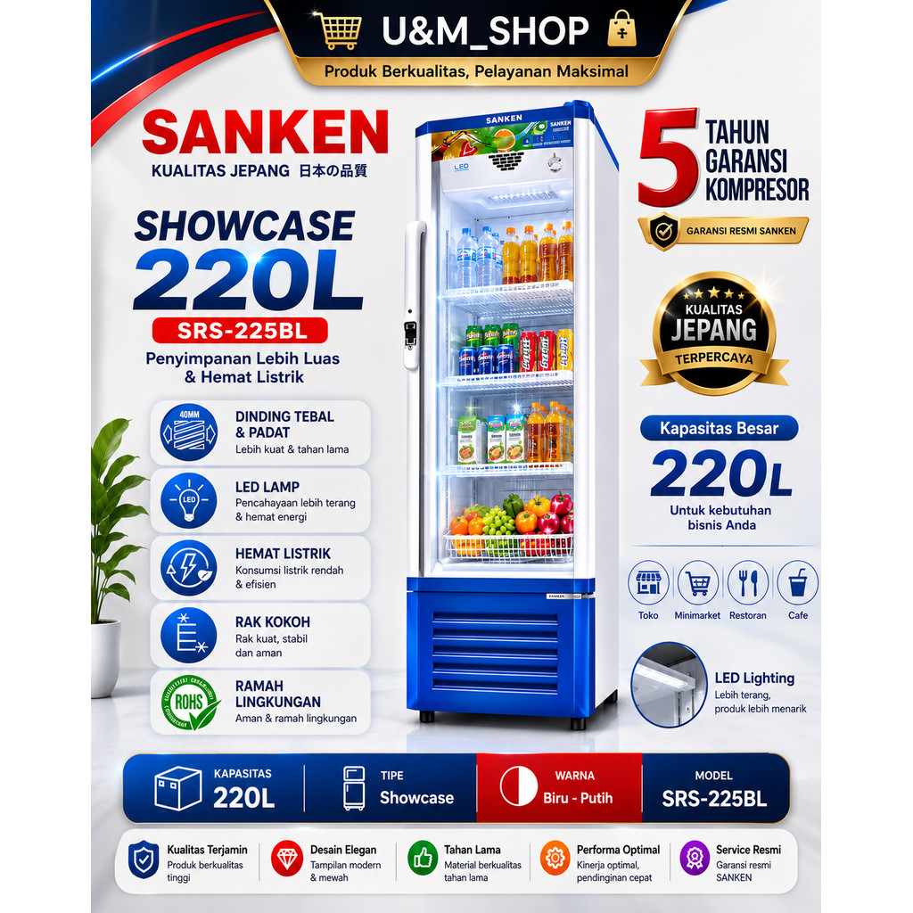 SHOWCASE Sanken SRS-225-BK/MR showcase sanken 4 rak sanken SRS 225 showcase sanken 220 liter