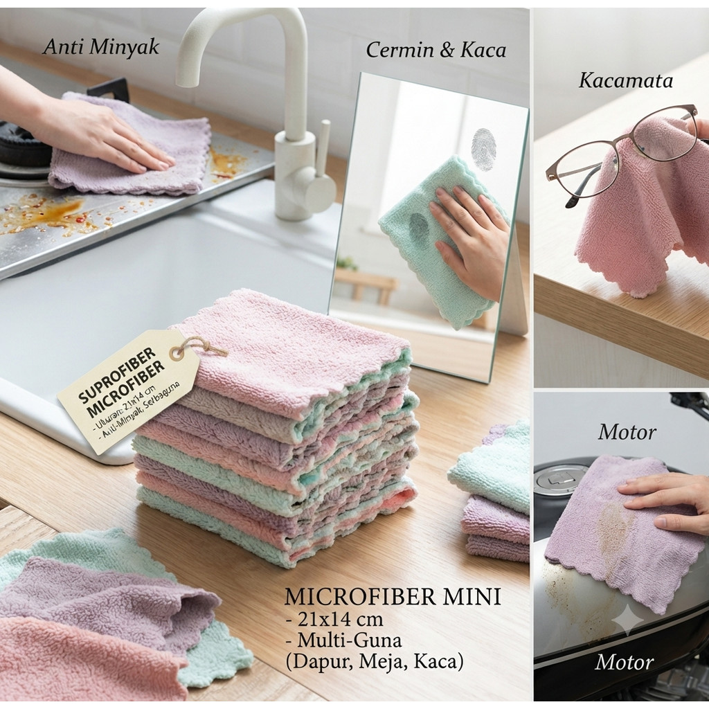 Kain Lap Anti Minyak Handuk Meja Kaca Dapur Kacamata Motor Mini 21x14