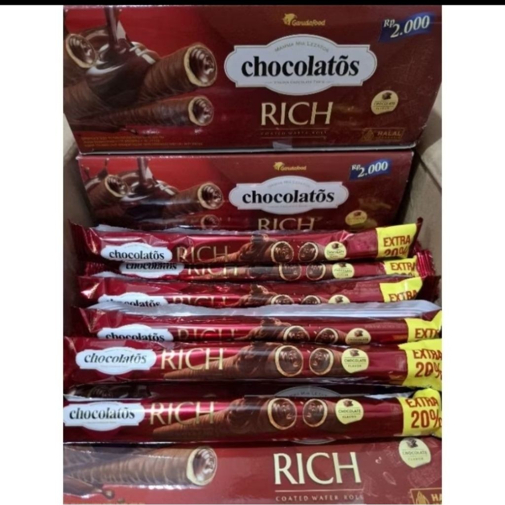 Chocolatos Rich Wafer Roll - 12 pcs, Rasa Coklat Italia, Krim Coklat Berlimpah