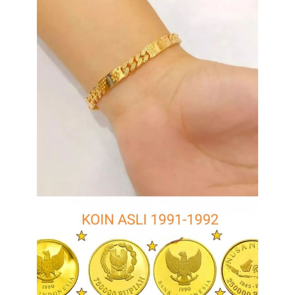 GELANG TANGAN KOIN ASLI 1991 GELANG TANGAN FLAT PADI WARNA EMAS ANTI LUNTUR DAN KARAT