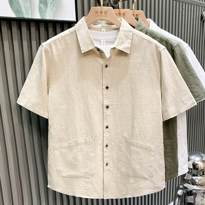 Kemeja pria lengan pendek berwarna polos, tipis, bernapas, berbahan linen, kemeja kasual pria longga