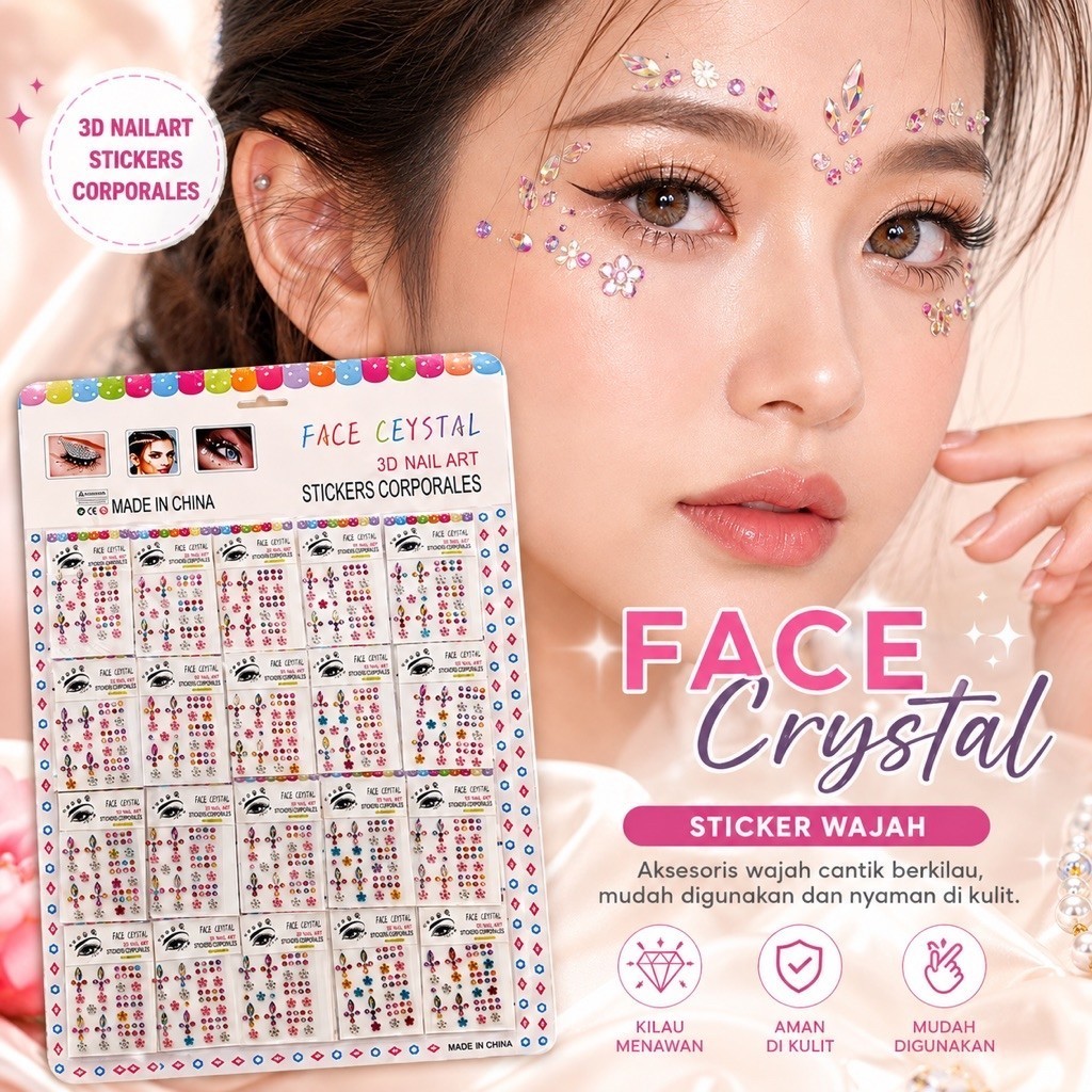 Manik Manik Kristal Wajah Sticker Tempel Berlian Warna Warni 3D Mutiara Dekorasi Wajah
