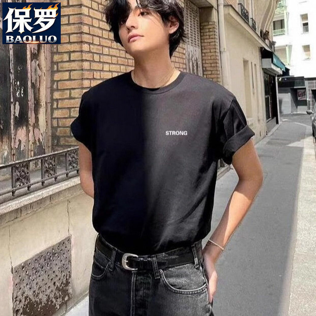 T-Shirt Lengan Pendek Huruf Hitam Model Sama dengan BTS Jin Tae Heng Kemeja Bottoming Sederhana Mode