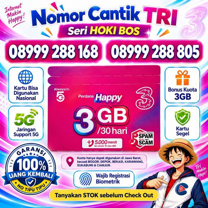 Nomor Cantik Tri Seri HOKI BOS 168 805 BONUS KUOTA 3GB - Kartu Perdana Tri Seri Hoki Bos Murah Rapi 