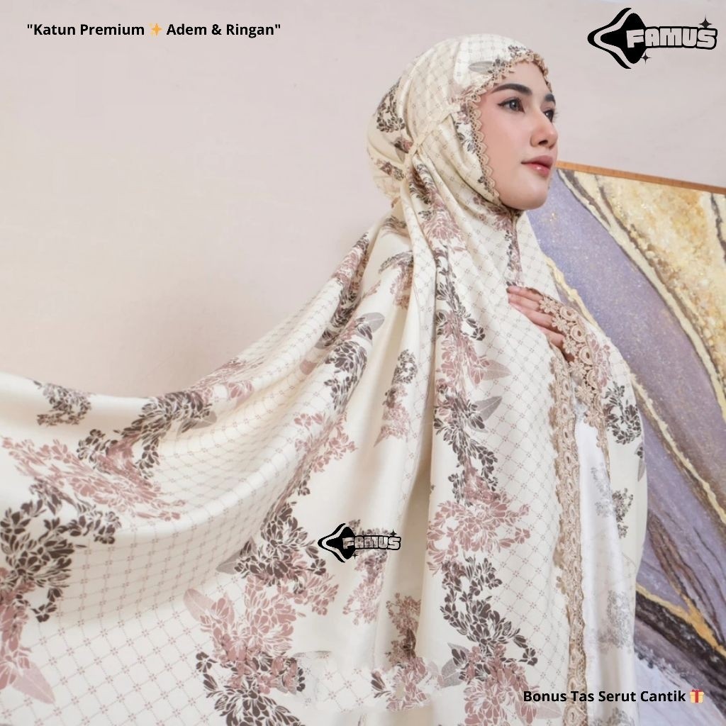 FAMUS - Mukena Airin Dewasa 2in1 Resleting Katun Mikro Premium Lembut Adem Motif Bunga Cantik Renda 