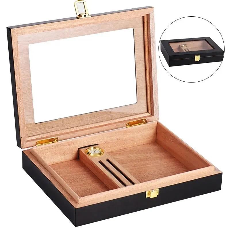 Cigar Humidor Box  Mini Portable Glass Top Handcrafted Cedar Wooden Cigar Cigarette Case with Hygrom