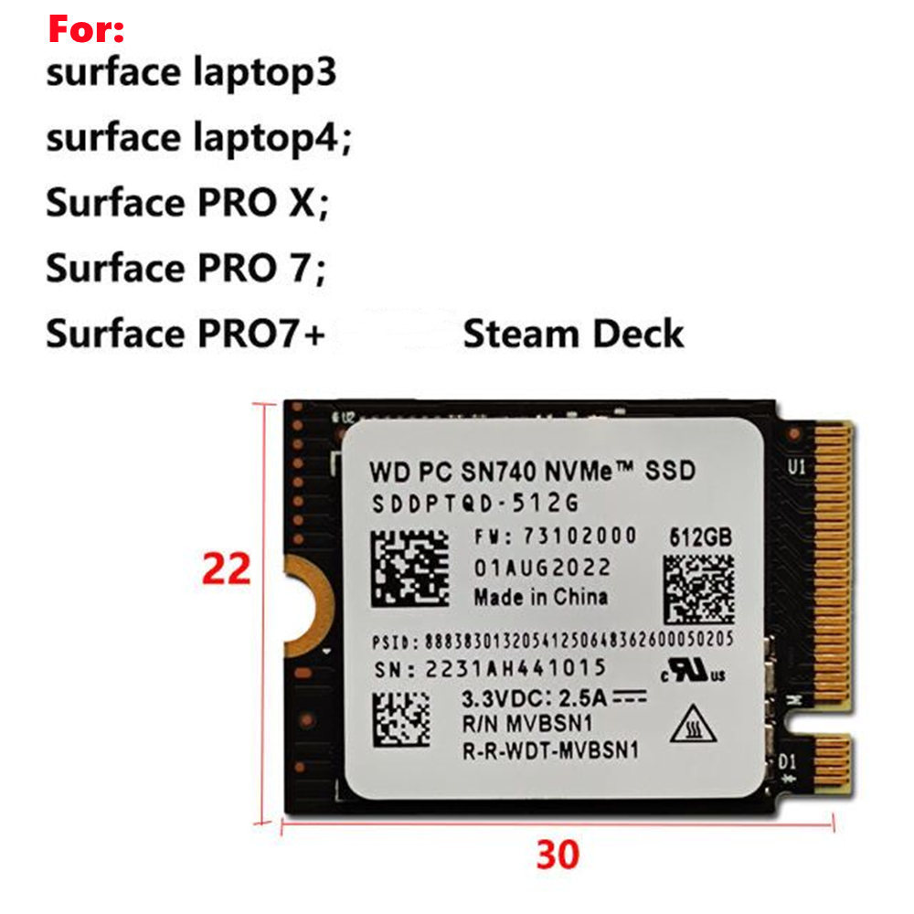 Western Digital WD SN740 SN5000S M.2 2230 SSD 2TB 1TB 256GB NVMe PCIe Gen4 x4 For Microsoft Surface 