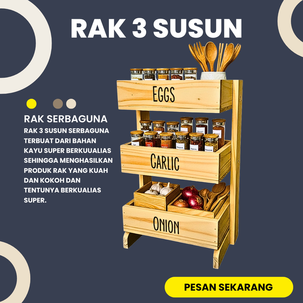 Rak bawang kayu 3 susun / Rak dapur / Rak kosmetik/ Rak perkakas/ Rak bawang