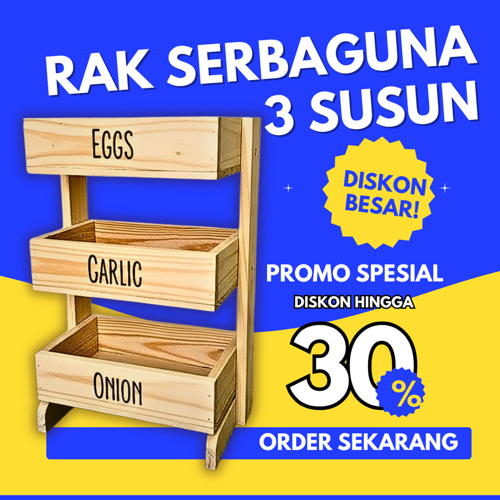 Rak bawang kayu 3 susun / Rak dapur / Rak kosmetik/ Rak perkakas/ Rak bawang