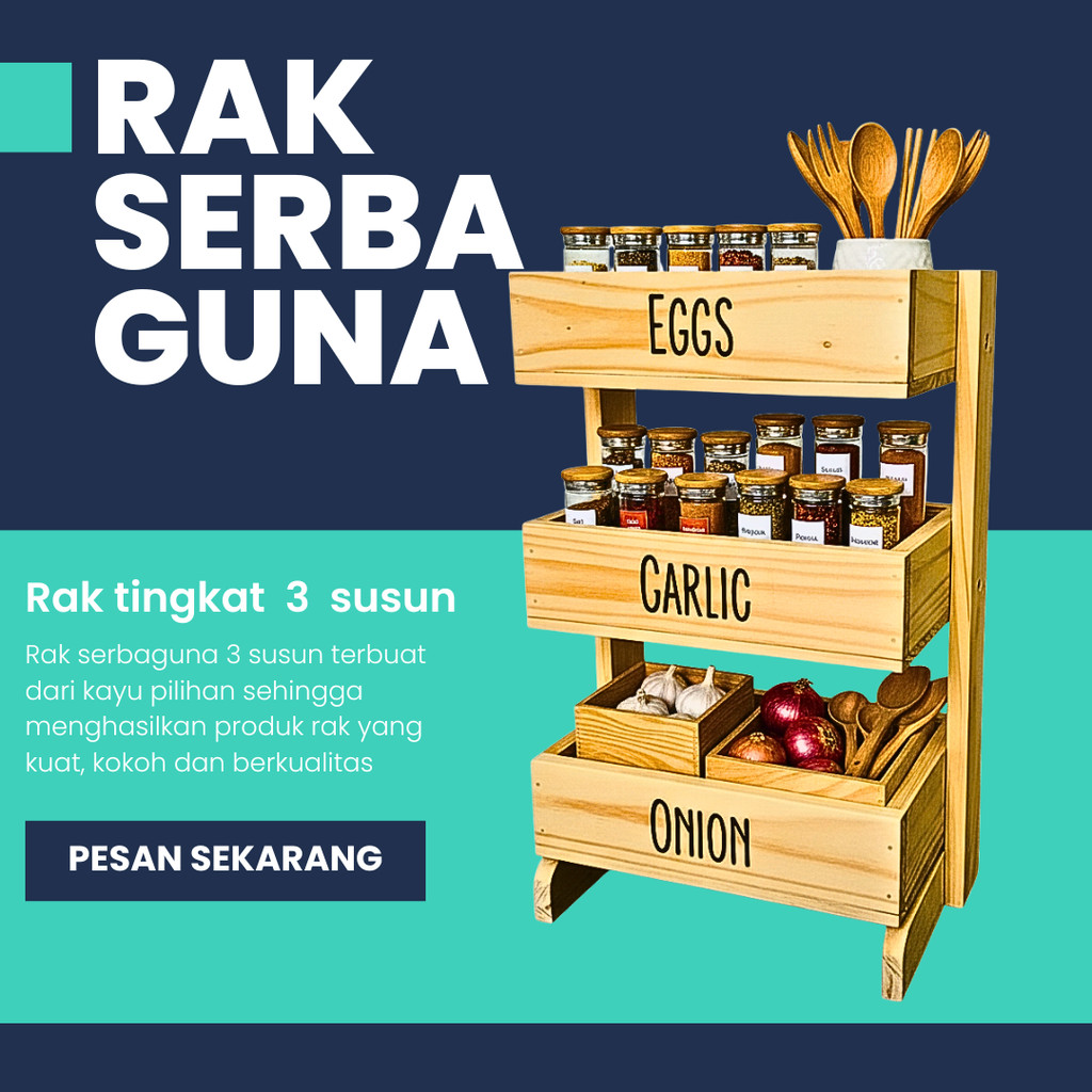 RAK BUMBU SAYUR 3 SUSUN BAHAN KAYU JATI BELANDA