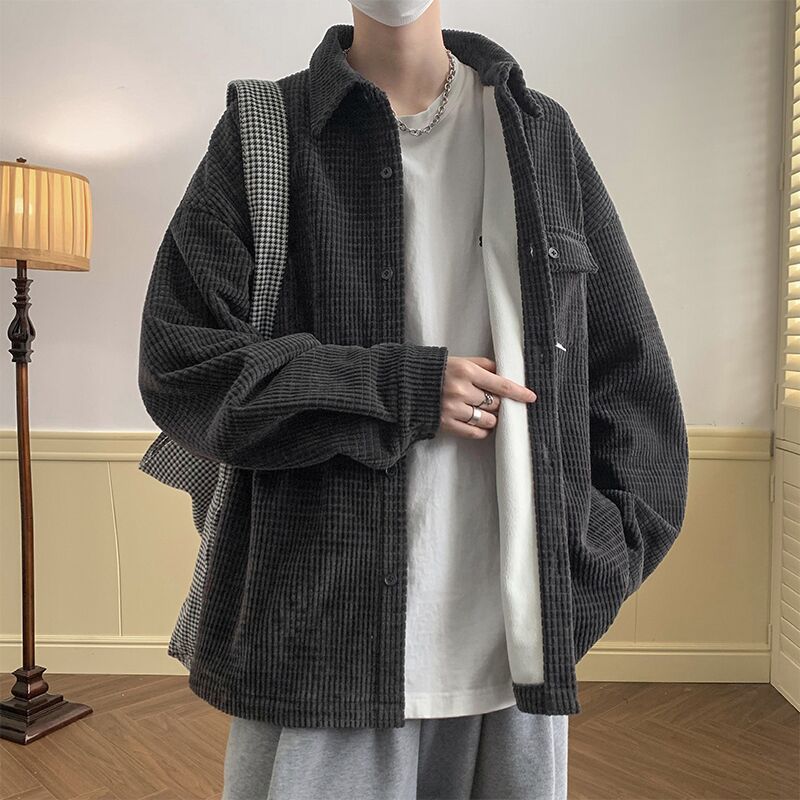 Corduroy Black Shirt Men's Fleece-Lined Thickened Warm Jacket Vintage Shirt