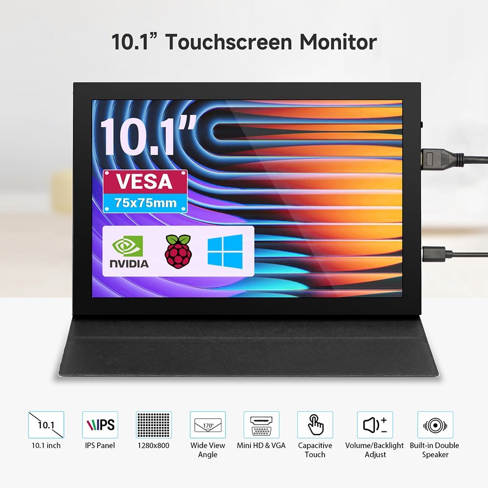 10.1 inch Capacitive Touchscreen Portable Monitor 1280x800 IPS Display with Speaker & Stand For Rasp