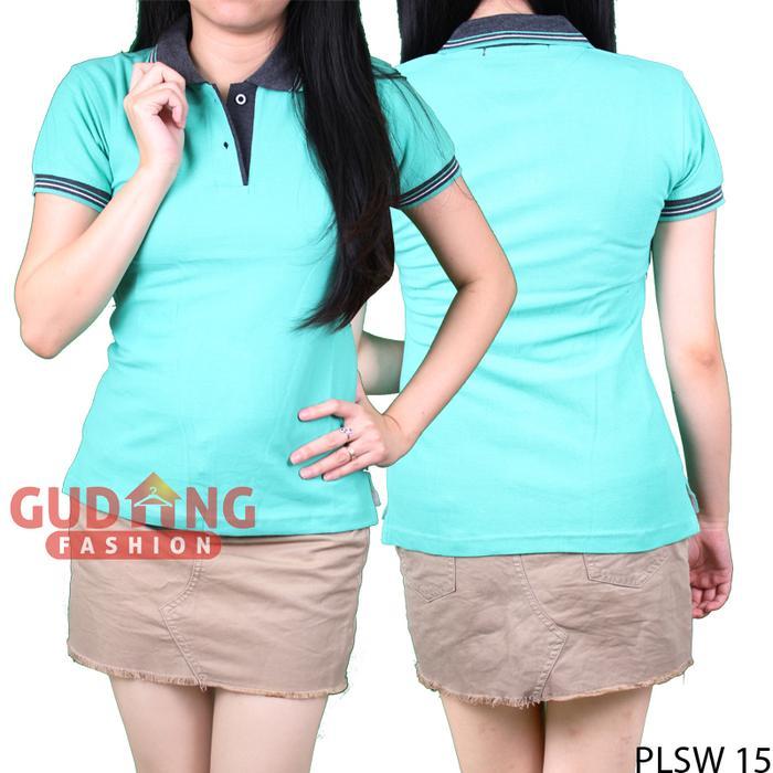Kaos Kerah Shirts Wanita Lengan Pendek - Hijau Tosca Muda Kerah Abu - Kaos - Hijau Tosca, S