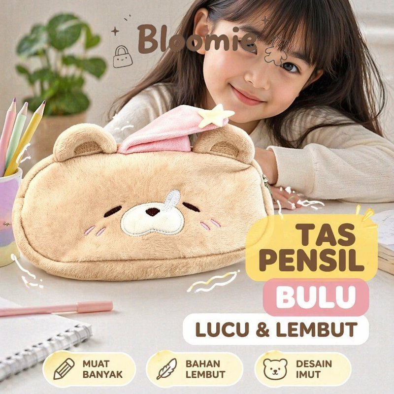 Tempat Pensil Bulu Beruang Lucu Kapasitas Besar Tas Pouch Alat Tulis Sekolah Hadiah