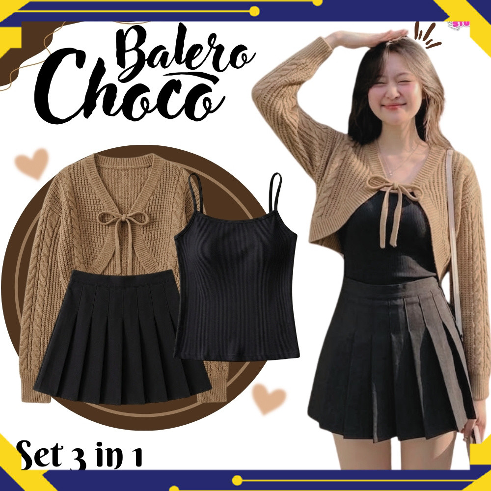 Setelan Style Outer Balero Choco 3 in 1 (Outer Balero + Tanktop + Rok Mini) OOTD Modish & Elegan SF1