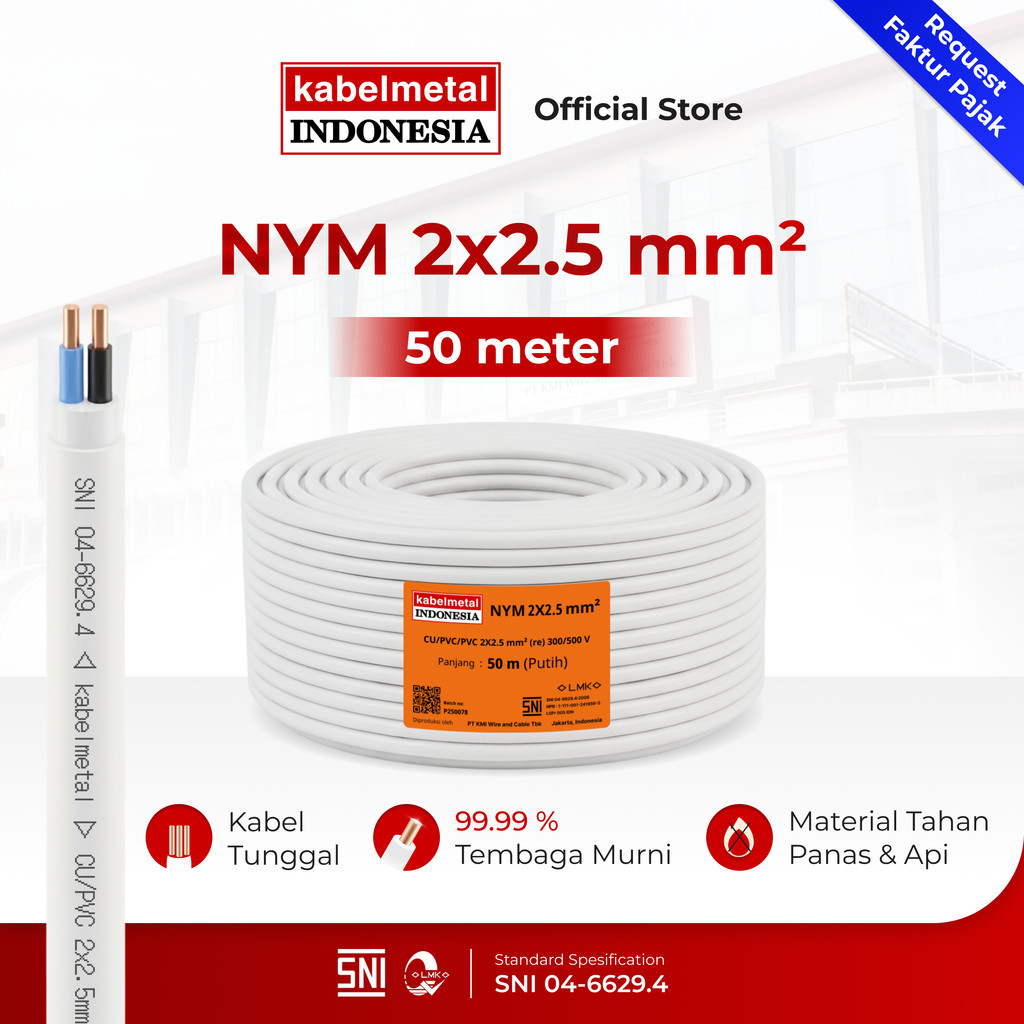 Kabel NYM 2x2.5 mm 50 Meter Roll kabelmetal INDONESIA - Kawat Tembaga Tunggal PVC Putih Listrik SNI 