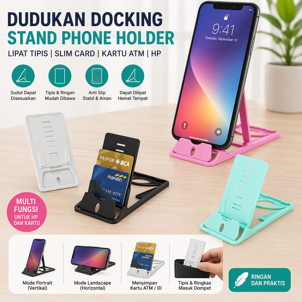 Dudukan Docking Stand Phone Holder Lipat Tipis slim Card Kartu ATM HP Universal Semua HP, Bisa Simpan Kartu ATM/ID Lipat Tipis Bisa Masuk Dompet  Sudut Dapat Disesuaikan Stabil Anti Slip Untuk Nonton Kerja, Belajar, Display HP
