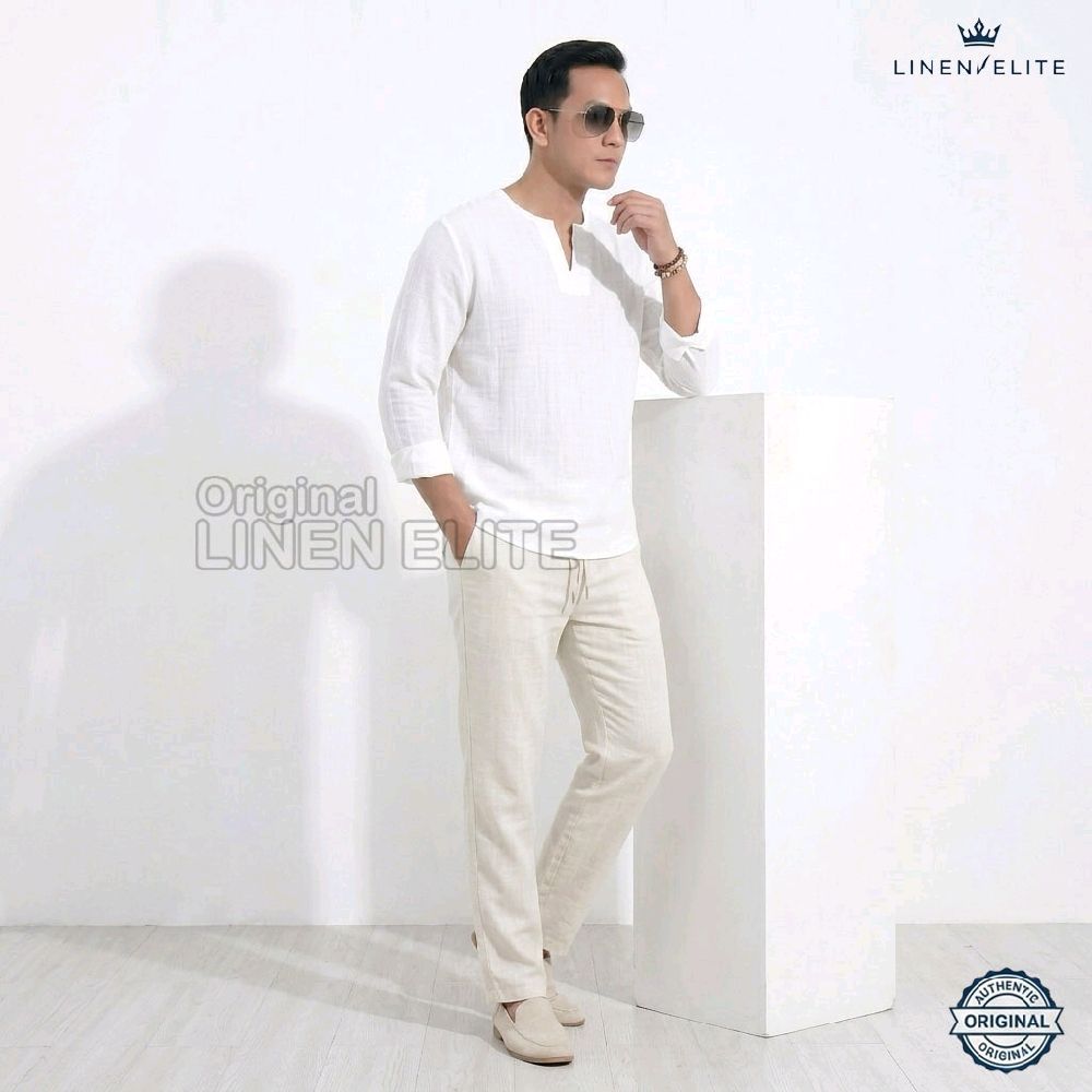LINEN.ELITE Baju Atasan Linen Pria Baju Katun Linen Pria Dewasa Santai Setalan Koko Pria Baju Casual