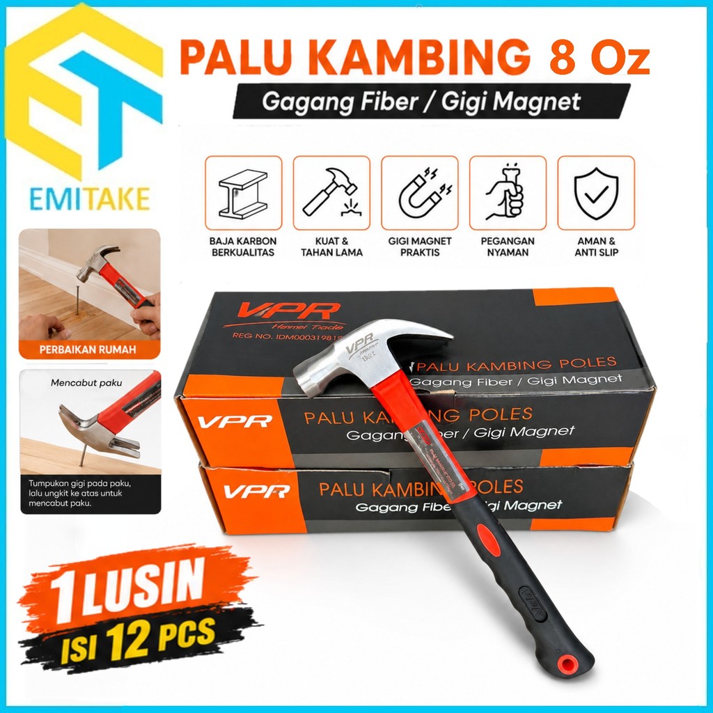 1 Lusin Isi 12 PCS Palu Kambing Gagang Fiber Gerigi Magnet VPR 8 Oz