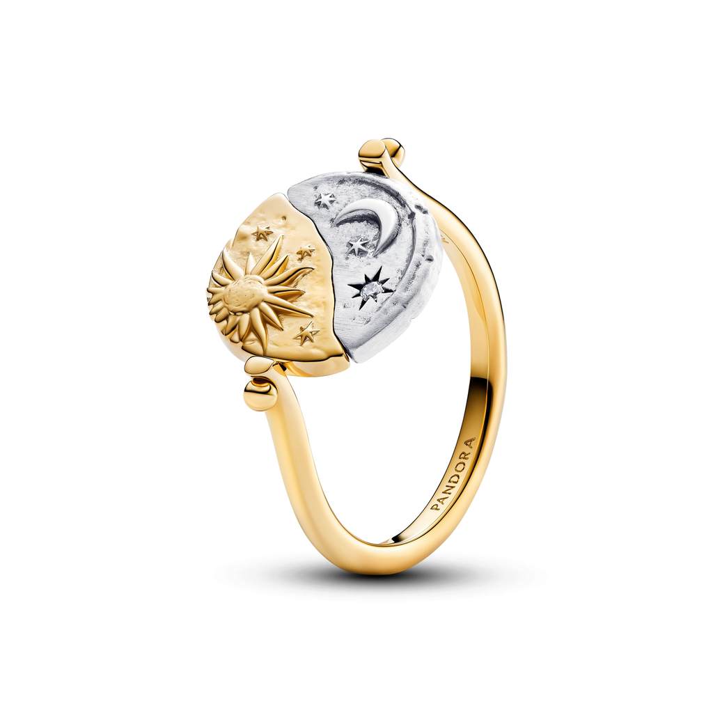 PANDORA - Sun and moon sterling silver and 14k gold-plated spinnable ring with clear cubic zirconia