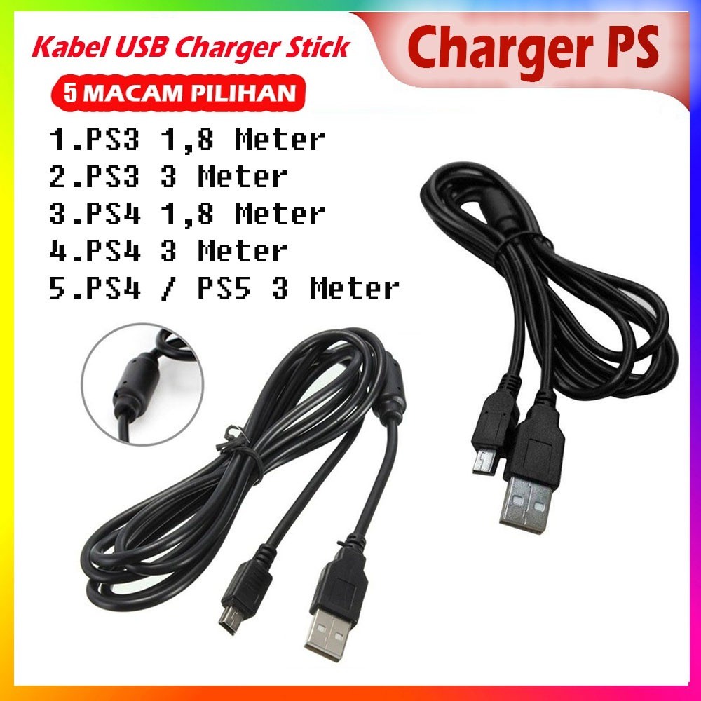 mws - Charger Stik PS3 1.8m / PS3 3m / PS4 1.8m / PS4 3m / / PS5 1.8m / PS5 3m Kabel USB Charger Sti