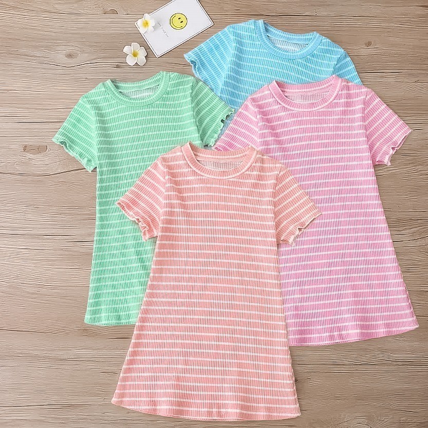 Outbox Fashion 11.11 BIG SALE  Dress Anak Perempuan Rib Estetik Lucu Motif Garis Nobi | Baju Harian 