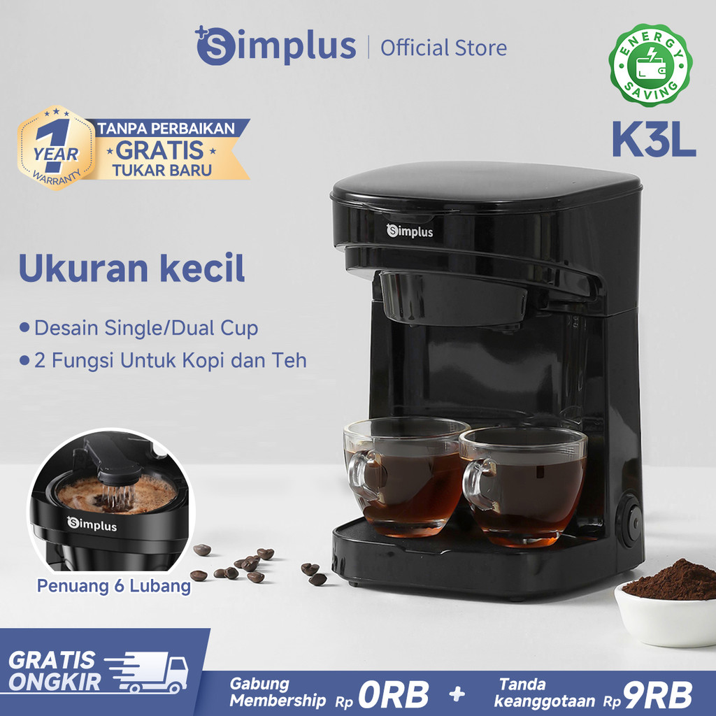 Simplus Mesin Kopi Rumahan Mesin Kopi Filter Satu Tombol Dual Cups Bahan Kokoh Multifungsi untuk Sed