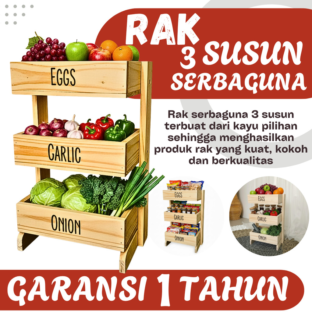 Rak Bawang Kayu 3 Susun / Rak Bumbu Serbaguna