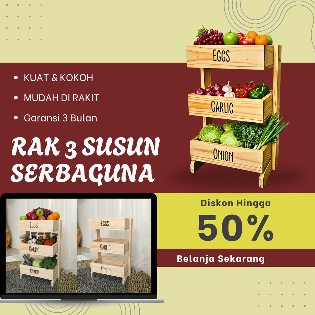 Rak Bawang Kayu 3 Susun / Rak Bumbu Serbaguna