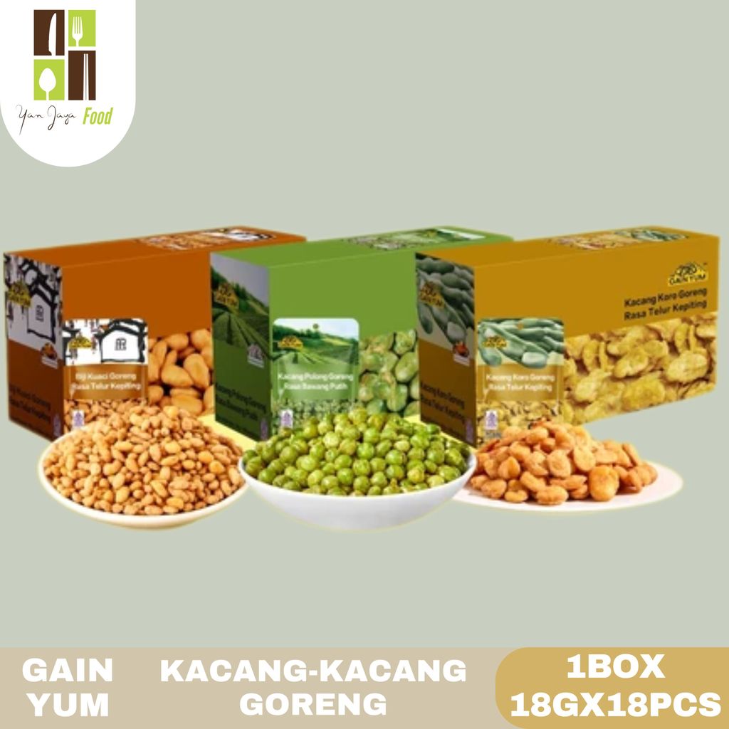 Gain Yum / 1BOX / 18G X 18 PCS / Kuaci Kupas Rasa Telur Kepiting / Kacang Polong Rasa Bawang Putih /
