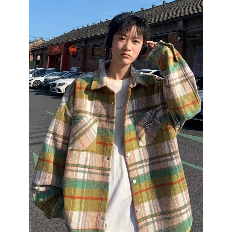 Kemeja Lengan Panjang Gaya Chanel Jaket Kerja Pria Kotak-Kotak Jaket Nuansa Muda