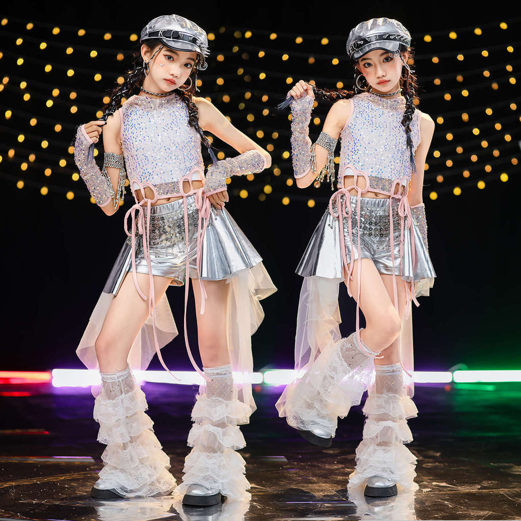 Children's Jazz Dance Performance Costume Girl Street Dance Sequin Vest Leather Pants Skirt Kids jaz