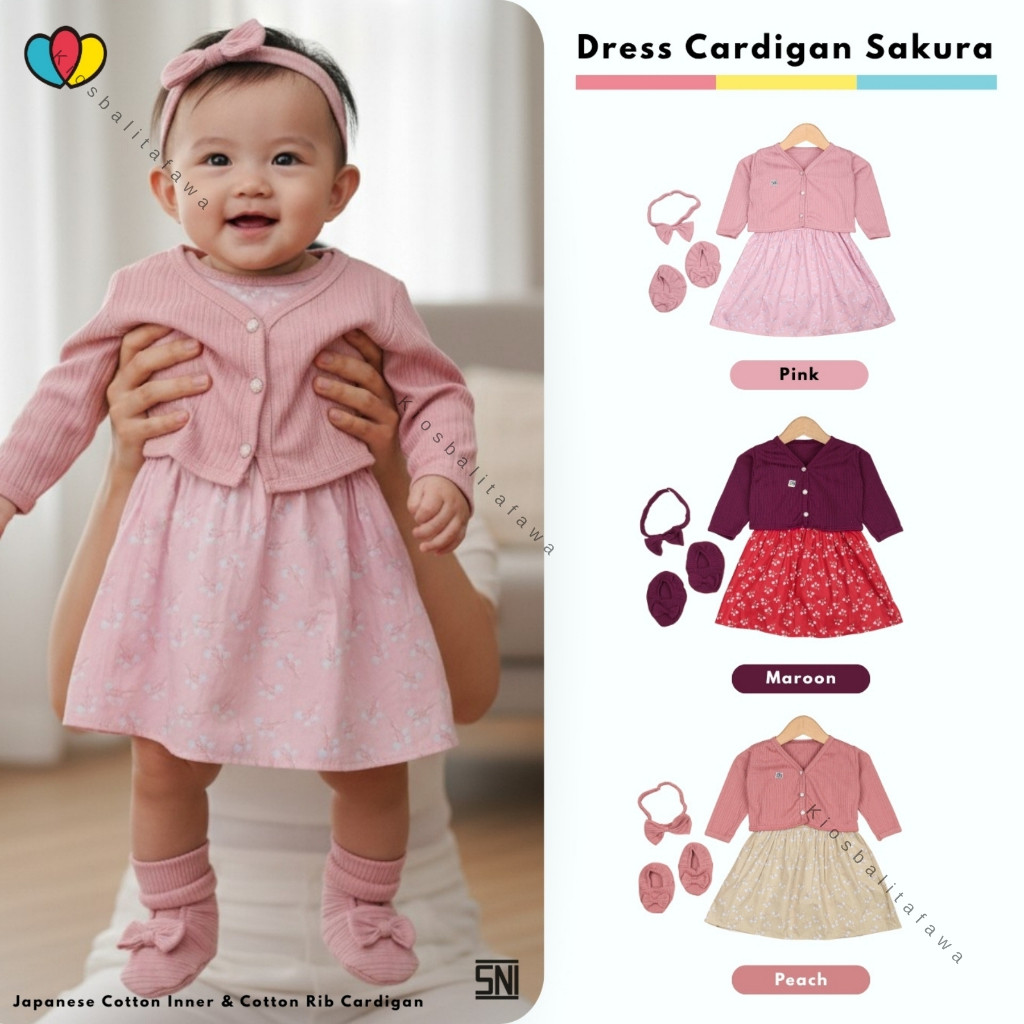 4In1 Set Cardigan Uk Bayi GRATIS Bandana & Sepatu / Katun Jepang Dress Baby SNI Dres Korea Anak Pere