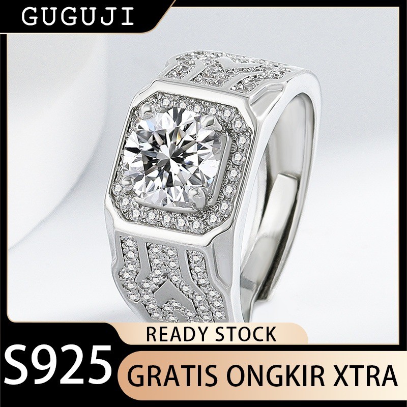 GUGUJI Cincin Pria Zircon 2 Karat Super Berkilau Fashion Eropa dan Amerika Cincin Berlian Emas Putih