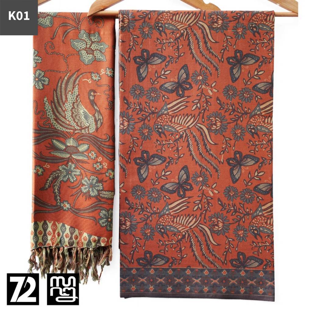 72 Batik - Kain Dan Selendang Motif Two Tone Kupu Warna Orange Terracotta Sage Green 723889
