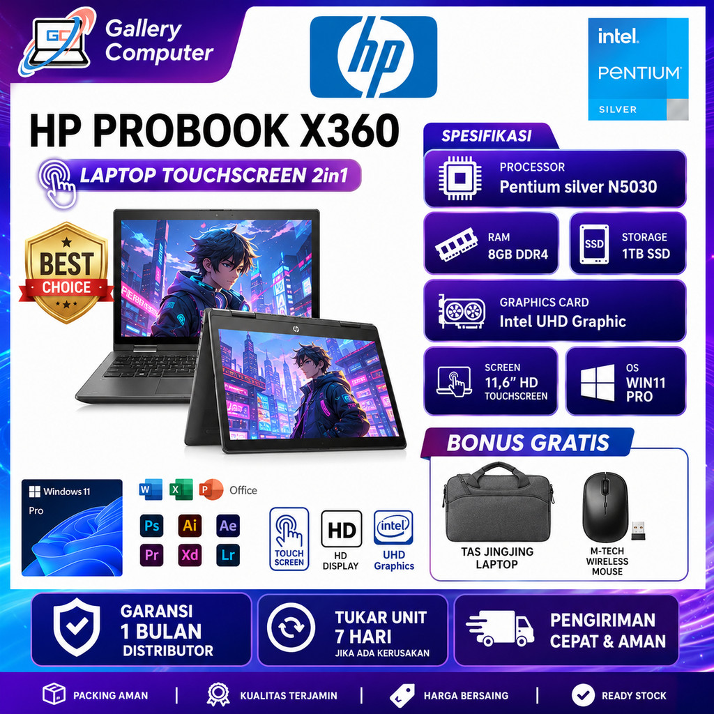 HP Probook 11 X360 Intel Core N5030 1TB SSD Intel UHD Touchscreen Widows 11 Pro Office Grey