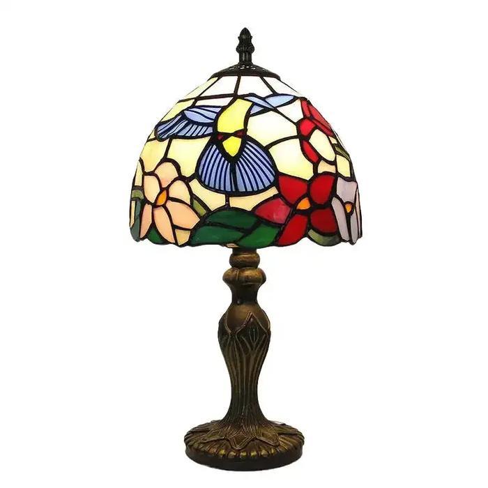 Lampu Meja Kaca Patri Tiffany Motif Bunga & Burung Kolibri Lampu Hias Vintage Elegan