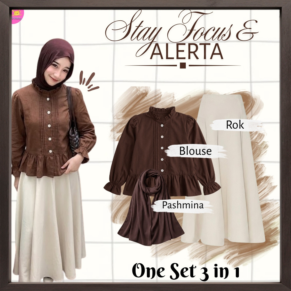 Setelan OneSet 3 in 1 Blouse Elora & Rok Payung Kekinian (Blouse Elora + Rok Payung + Pashmina) Kore