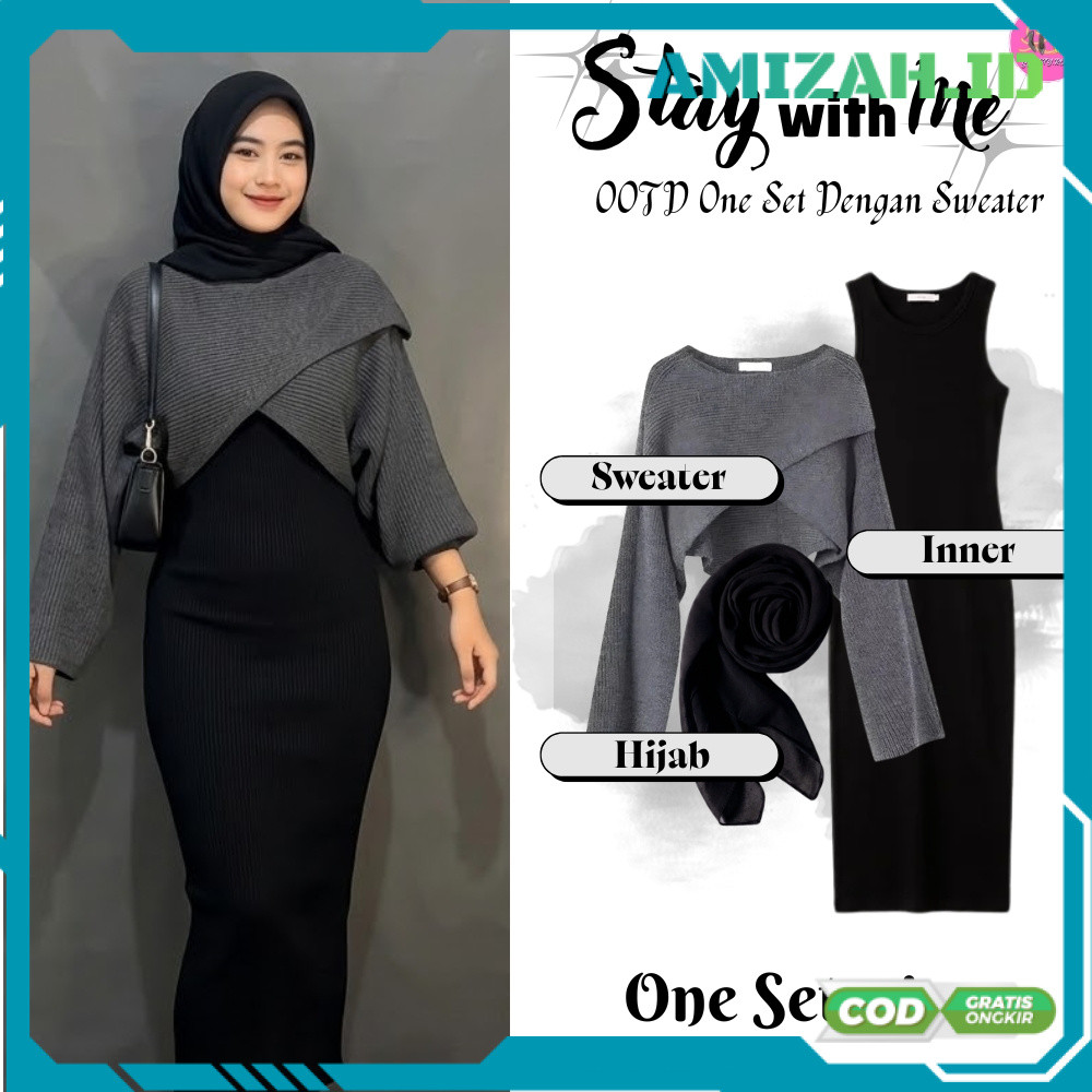 Set 3 in 1 Sweater Shea Rajut Cewek Oversize Outfit Wanita Muslim Simple Elegan & Modish (Sweater + 