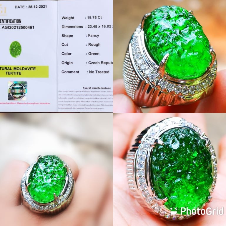 Batu Permata natural Green Moldavite Tektite / Green Meteor Top Luster +Sertifikat AGI Lab